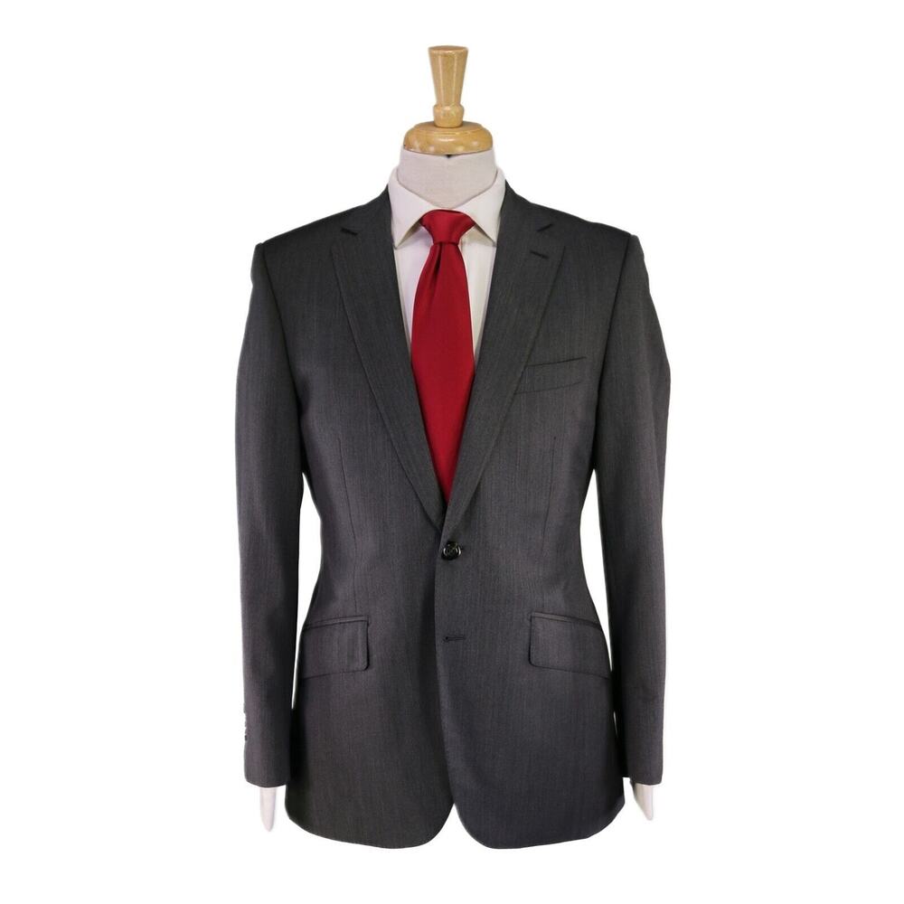 Michael Andrews Bespoke Gray Herringbone Wool 2-Btn Slim Fit Suit 36S